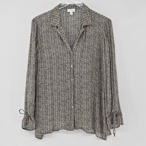 J JILL Top Womens Size‎ M Cream Black Herringbone Button Up Long Bow Bell Sleeve
